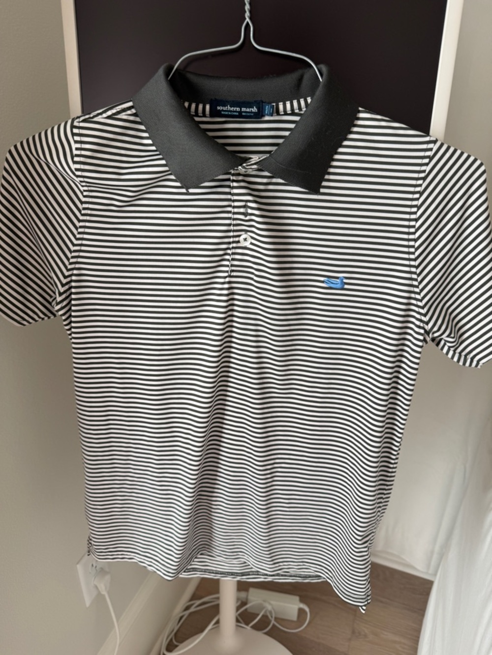 Southern Marsh Boys' Black & White Striped Polo with Black Collar